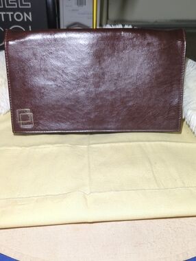 Vintage Dunhill Brown Leather Long Wallet Clutch with Gold Square Accent  $110